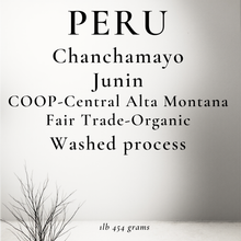 Load image into Gallery viewer, Product label or packaging design with the text 'PERU Chanchamayo Junin COOP-Central Alta Montana Fair Trade-Organic Washed process' on a light gray background, with a small bare tree illustration at the lower left.
